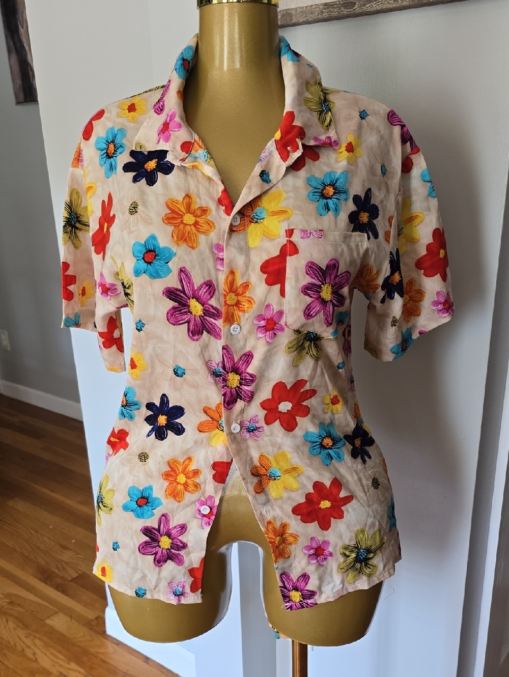 Beige Floral Embroidered Button-Up Shirt